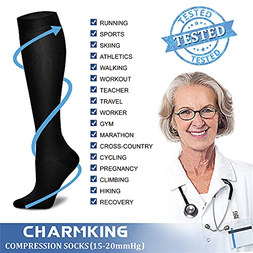 CHARMKING Compression Socks for Women & Men (8 Pairs) 15-20 mmHg Graduated Copper Support Socks are Best for Pregnant, Nurses - Boost Performance, Circulation, Knee High & Wide Calf (S/M, Multi 01) - Image 3