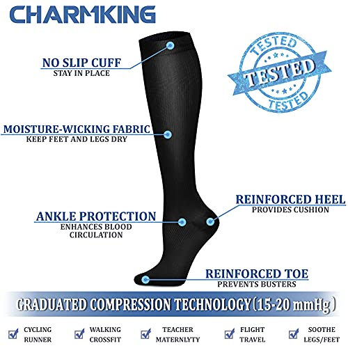 CHARMKING Compression Socks for Women & Men (8 Pairs) 15-20 mmHg Graduated Copper Support Socks are Best for Pregnant, Nurses - Boost Performance, Circulation, Knee High & Wide Calf (S/M, Multi 01) - Image 5