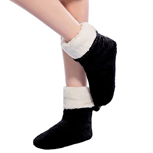 FRALOSHA Women's Slipper Sock Coral Velvet Indoor Spring-Autumn Super Soft Warm Cozy Fuzzy Lined Booties Slippers (25cm) Black - Image 3