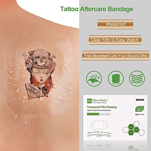 Transparent Film Dressing, Waterproof Wound Cover Bandage 4''x4.75'', 50 Packs, Post Surgical Shower or IV Shield, Tattoo Aftercare Bandage, Adhesive Patch by NeuHeils (4" x 4 3/4") - Image 8