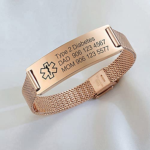 VNOX Medical Alert Bracelets for Men Women with Free Engraving Adjustable Stainless Steel Mesh Emergency Medical ID Bracelets Wristband,Rose Gold - Image 3