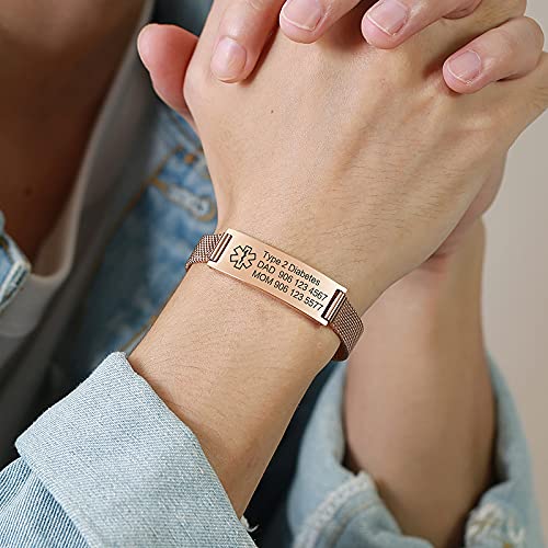 VNOX Medical Alert Bracelets for Men Women with Free Engraving Adjustable Stainless Steel Mesh Emergency Medical ID Bracelets Wristband,Rose Gold - Image 4